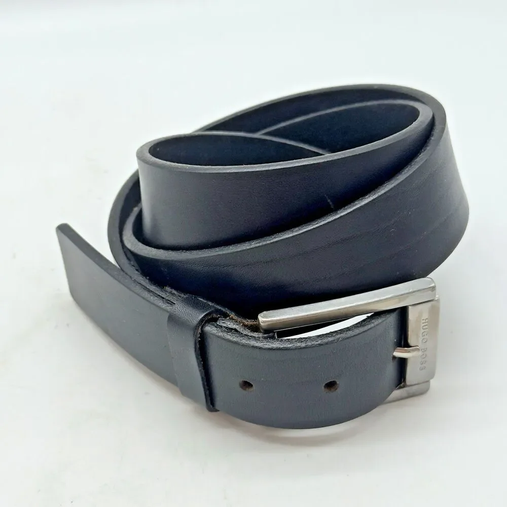 Hugo Boss Black Cow Leather Belt Men's 38 Engraved HB Silver Tone Buckle 5128